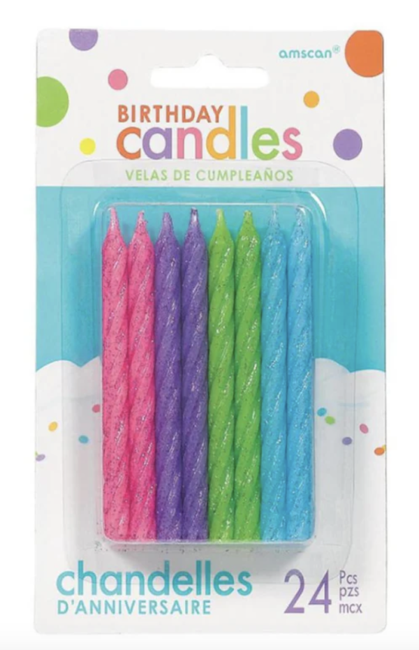 Birthday Candle – Large Glitter Bright Colored Spiral ~ 24 per pack